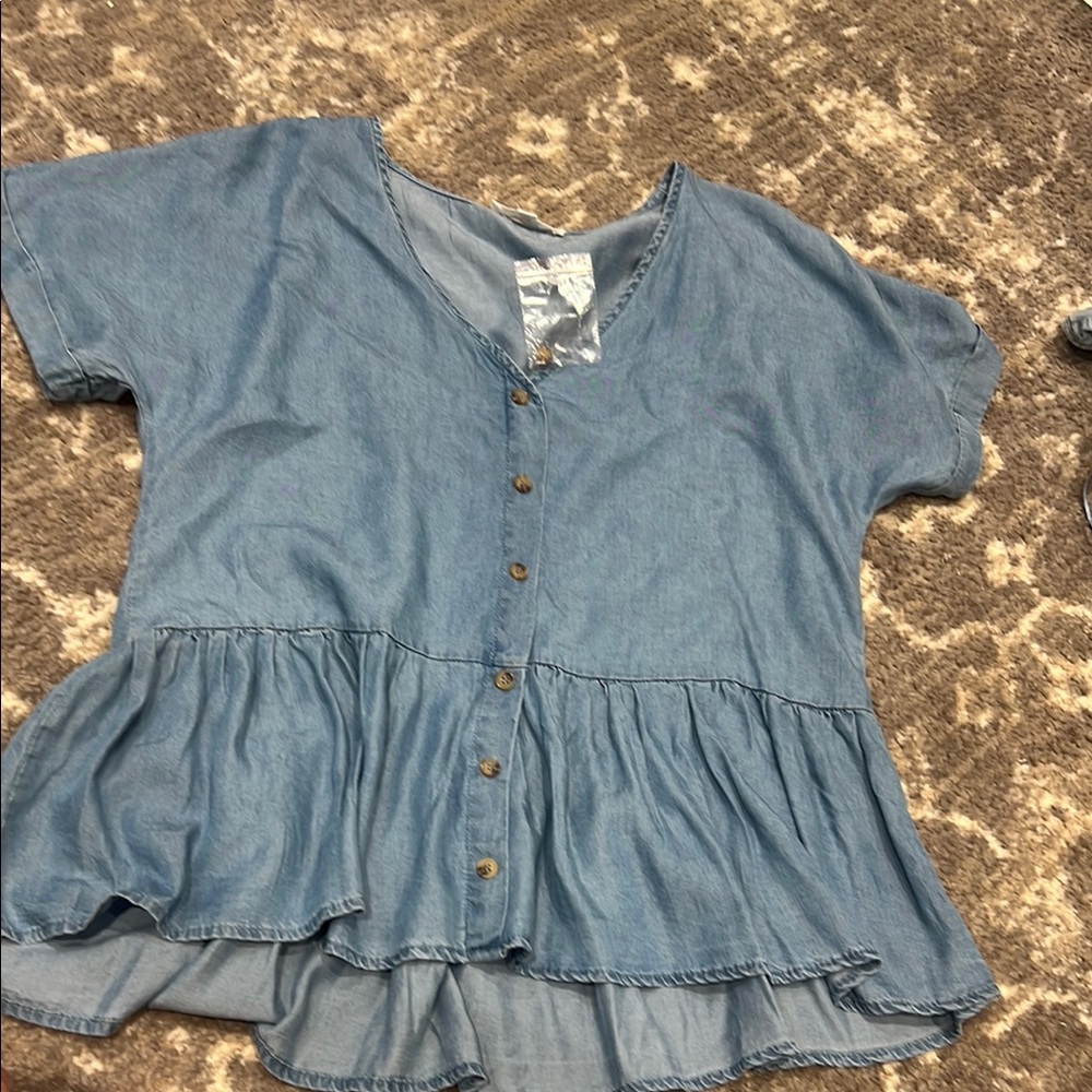 Mine Blue Ruffled Chambray Blouse